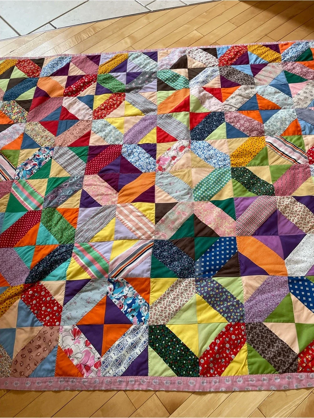 70’s Handmade Machine Zig Zag Stitch Multi Colored Patchwork Throw Lap Quilt
